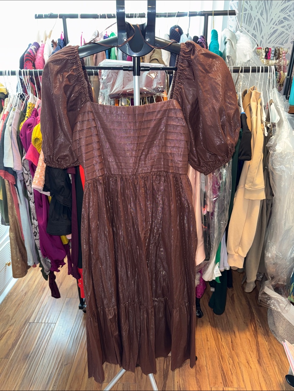 Brown Puff-Sleeve Square Neck Dress